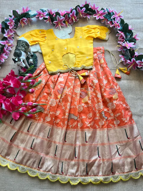 Premium Banarasi Dola Silk with elegant Zari Weaving Kids Lehengas